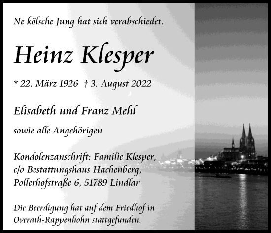 Anzeige von Heinz Klesper von Kölner Stadt-Anzeiger / Kölnische Rundschau / Express