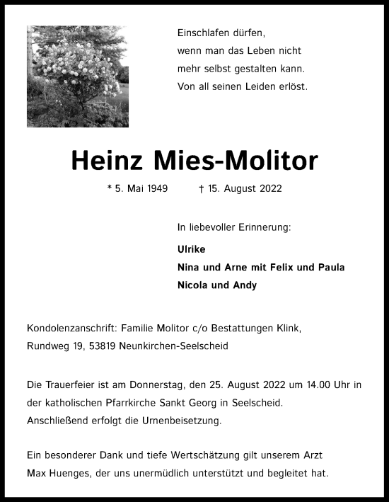 Anzeige von Heinz Mies-Molitor von Kölner Stadt-Anzeiger / Kölnische Rundschau / Express