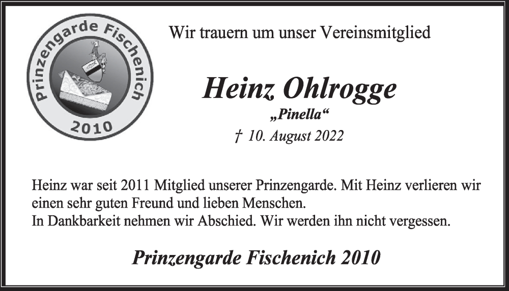  Traueranzeige für Heinz Ohlrogge vom 19.08.2022 aus  Wochenende 