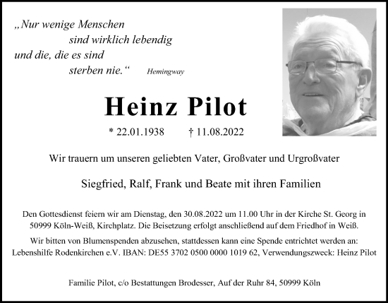 Anzeige von Heinz Pilot von Kölner Stadt-Anzeiger / Kölnische Rundschau / Express