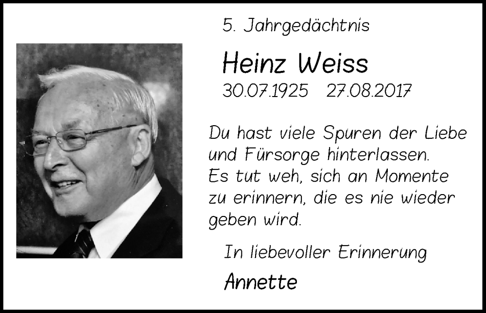  Traueranzeige für Heinz Weiss vom 27.08.2022 aus Kölner Stadt-Anzeiger / Kölnische Rundschau / Express