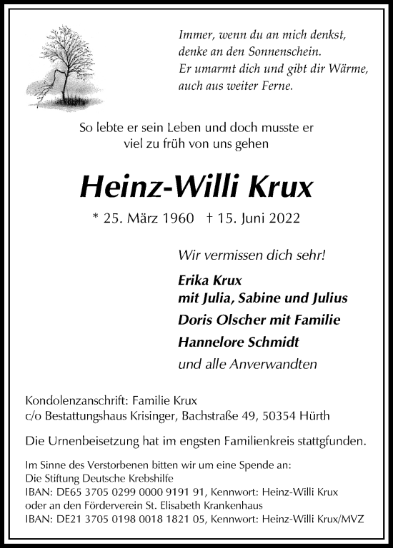Anzeige von Heinz-Willi Krux von Kölner Stadt-Anzeiger / Kölnische Rundschau / Express