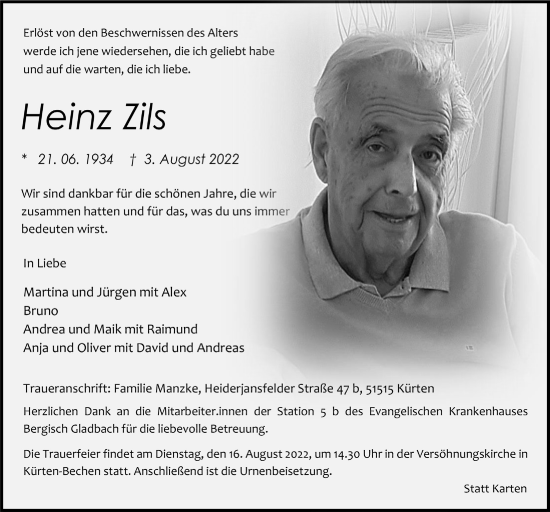 Anzeige von Heinz Zils von  Bergisches Handelsblatt 