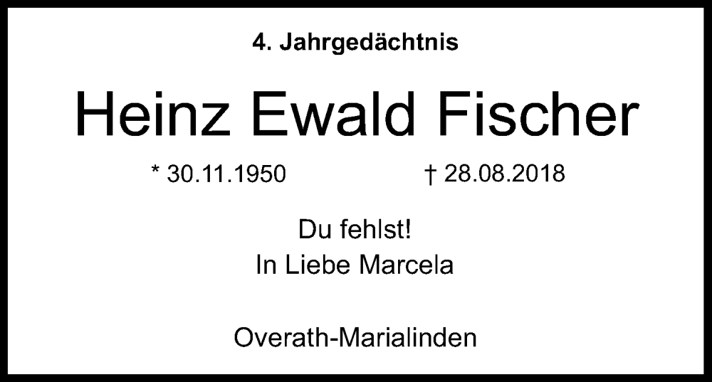  Traueranzeige für Heinz Ewald Fischer vom 27.08.2022 aus Kölner Stadt-Anzeiger / Kölnische Rundschau / Express