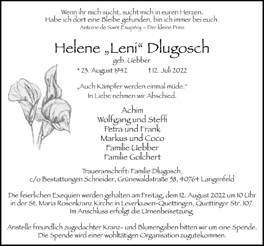  Traueranzeige für Helene Dlugosch vom 05.08.2022 aus  Lokale Informationen 