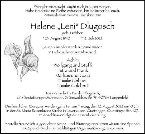Anzeige von Helene Dlugosch von Kölner Stadt-Anzeiger / Kölnische Rundschau / Express