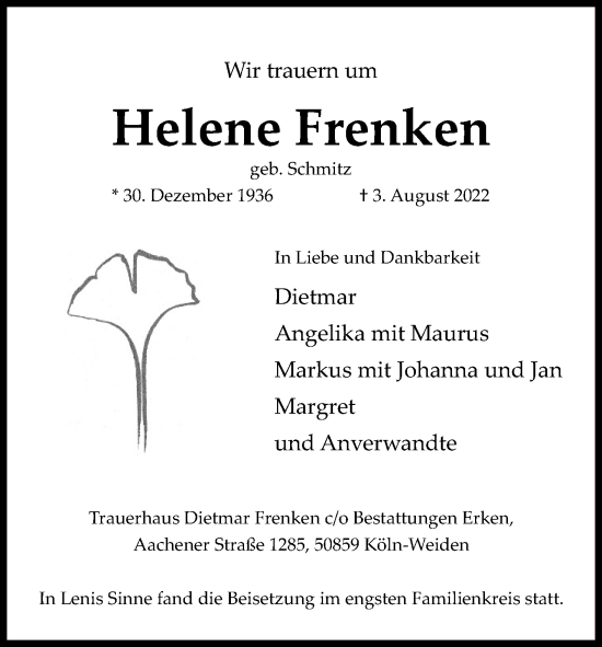 Anzeige von Helene Frenken von Kölner Stadt-Anzeiger / Kölnische Rundschau / Express