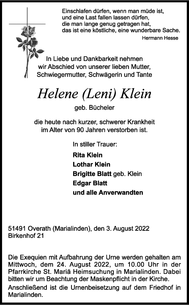 Traueranzeige für Helene Klein vom 13.08.2022 aus Kölner Stadt-Anzeiger / Kölnische Rundschau / Express