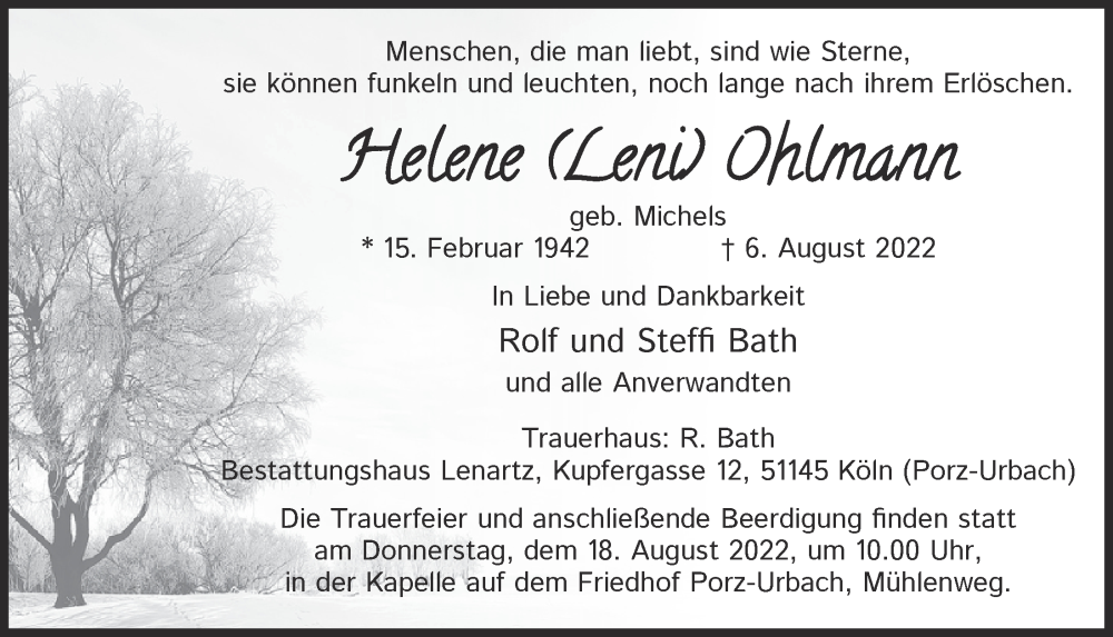  Traueranzeige für Helene Ohlmann vom 12.08.2022 aus  EXPRESS - Die Woche 