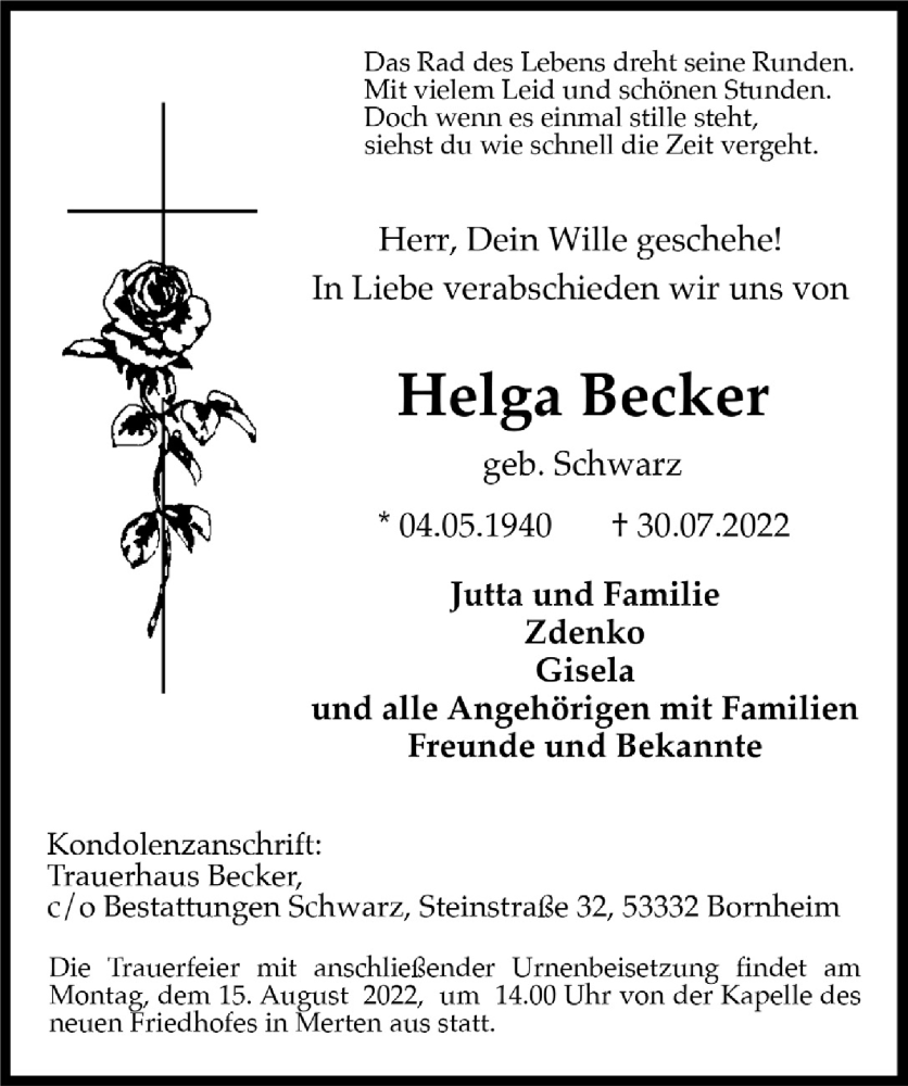  Traueranzeige für Helga Becker vom 05.08.2022 aus  Schaufenster/Blickpunkt  Schlossbote/Werbekurier 