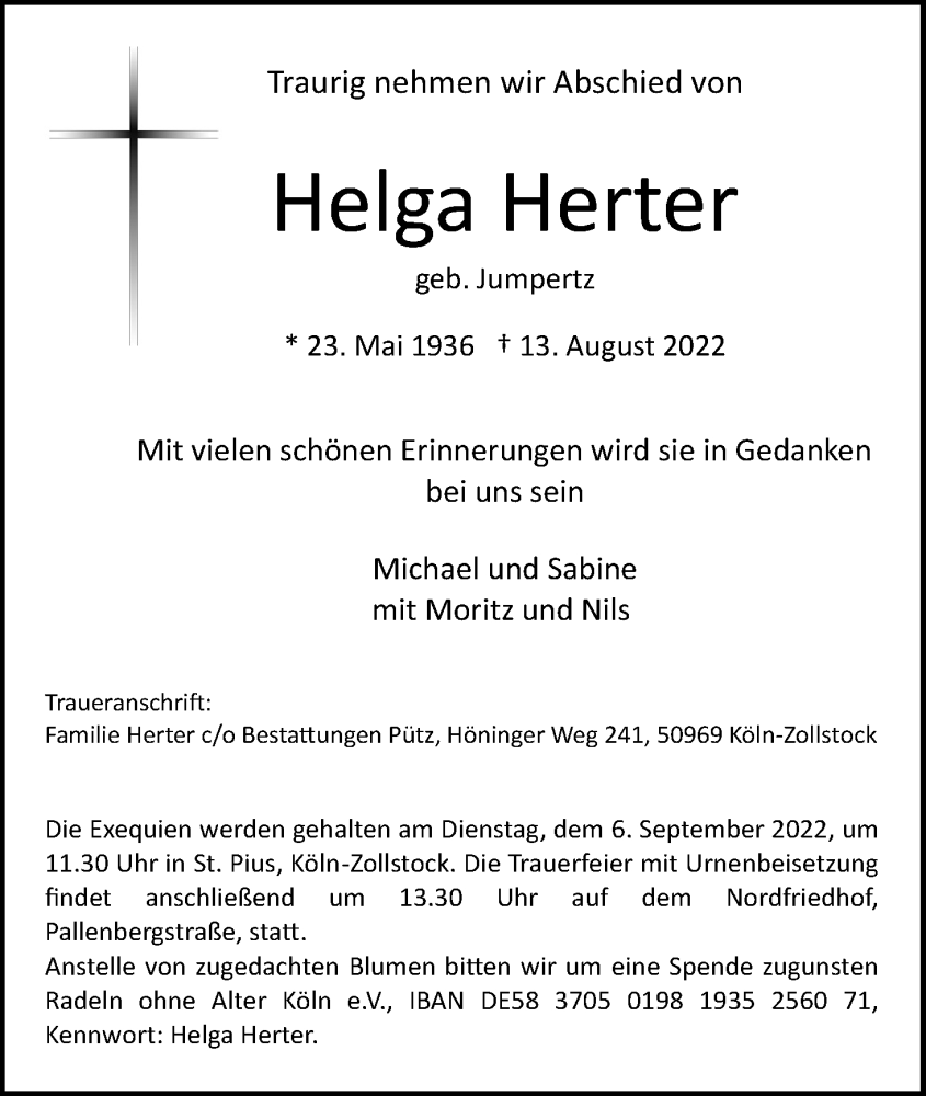  Traueranzeige für Helga Herter vom 27.08.2022 aus Kölner Stadt-Anzeiger / Kölnische Rundschau / Express