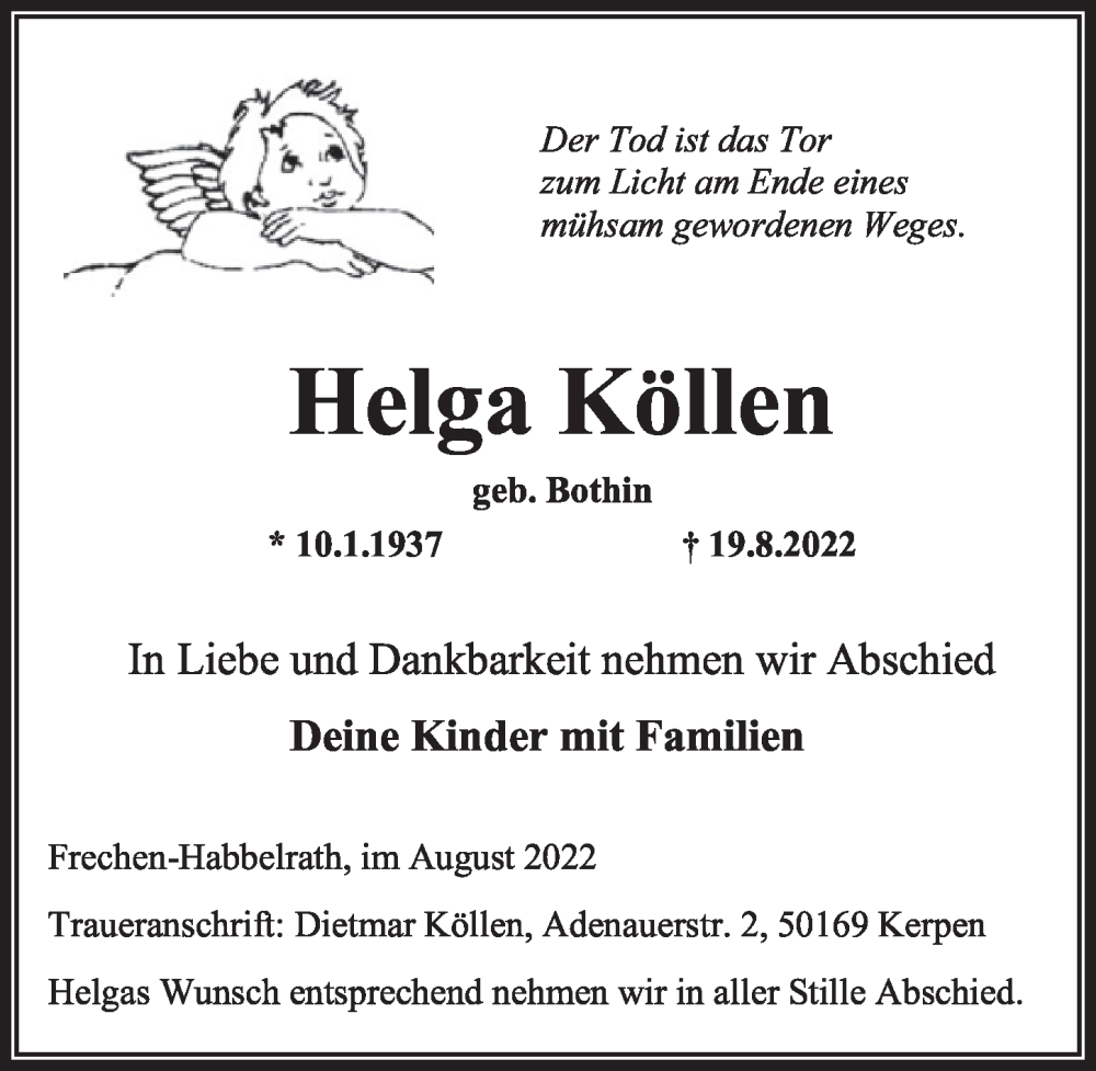  Traueranzeige für Helga Köllen vom 26.08.2022 aus  Wochenende 