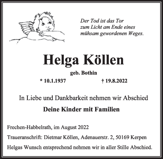 Anzeige von Helga Köllen von  Wochenende 
