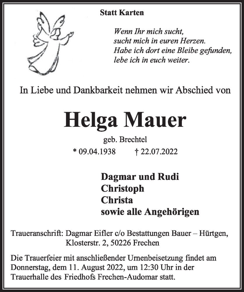  Traueranzeige für Helga Mauer vom 05.08.2022 aus  Wochenende 