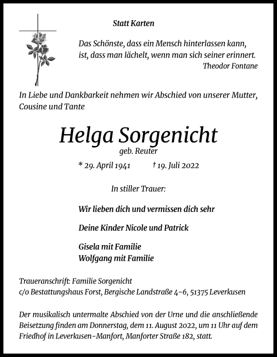 Anzeige von Helga Sorgenicht von Kölner Stadt-Anzeiger / Kölnische Rundschau / Express