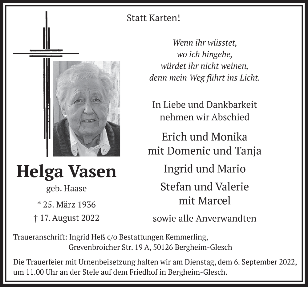  Traueranzeige für Helga Vasen vom 26.08.2022 aus  Werbepost 