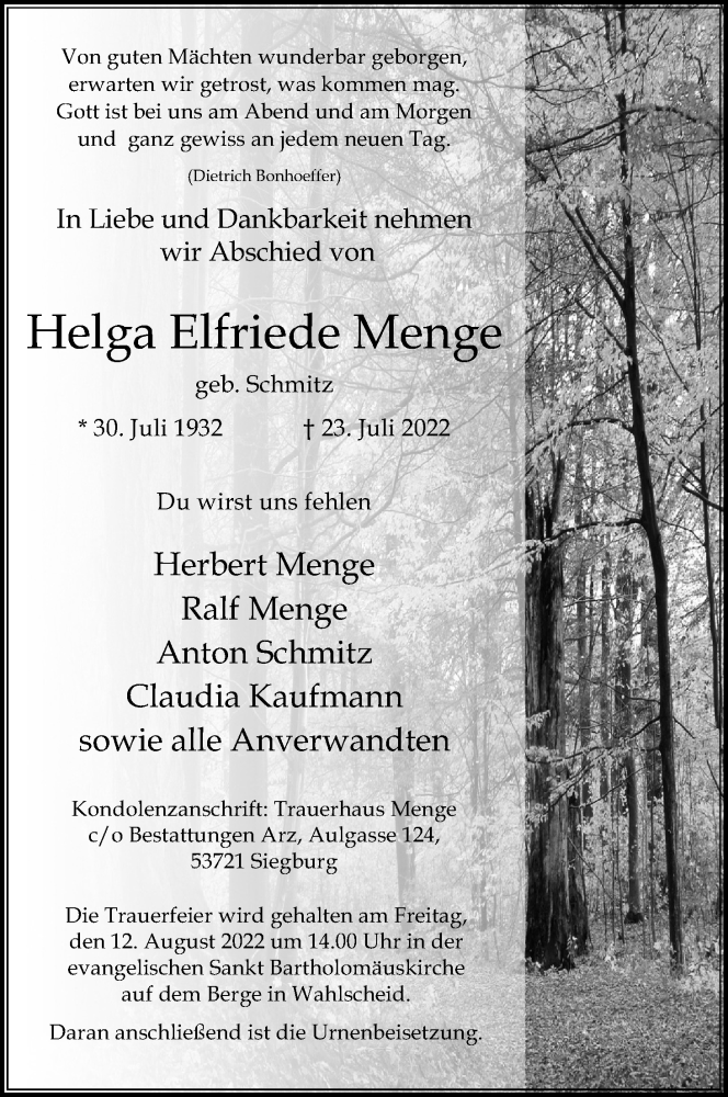  Traueranzeige für Helga Elfriede Menge vom 06.08.2022 aus Kölner Stadt-Anzeiger / Kölnische Rundschau / Express