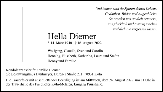 Anzeige von Hella Diemer von Kölner Stadt-Anzeiger / Kölnische Rundschau / Express
