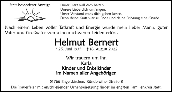 Anzeige von Helmut Bernert von  Anzeigen Echo 