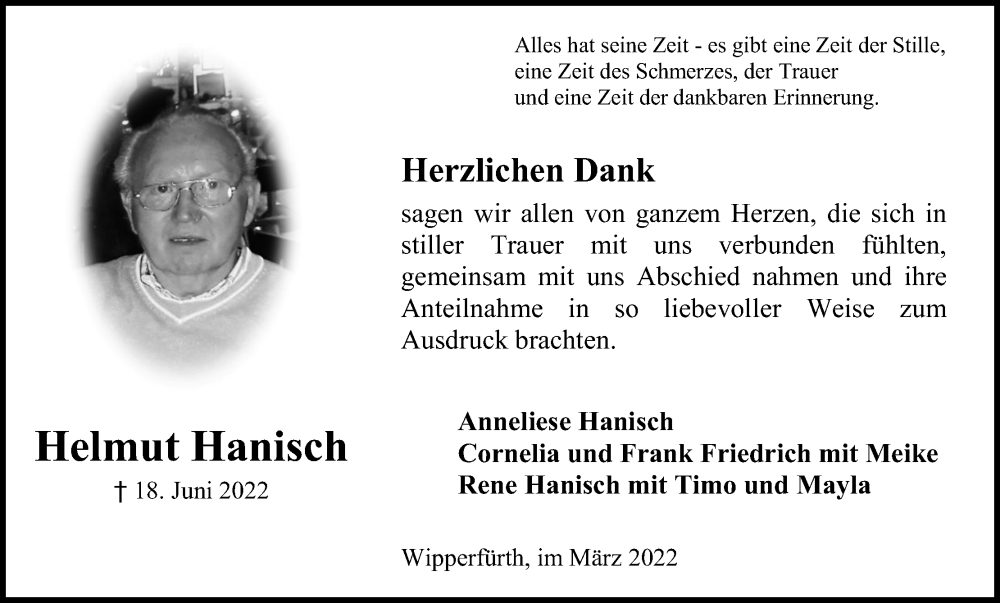  Traueranzeige für Helmut Hanisch vom 13.08.2022 aus Kölner Stadt-Anzeiger / Kölnische Rundschau / Express