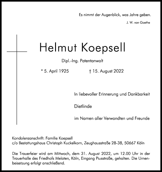 Anzeige von Helmut Koepsell von Kölner Stadt-Anzeiger / Kölnische Rundschau / Express
