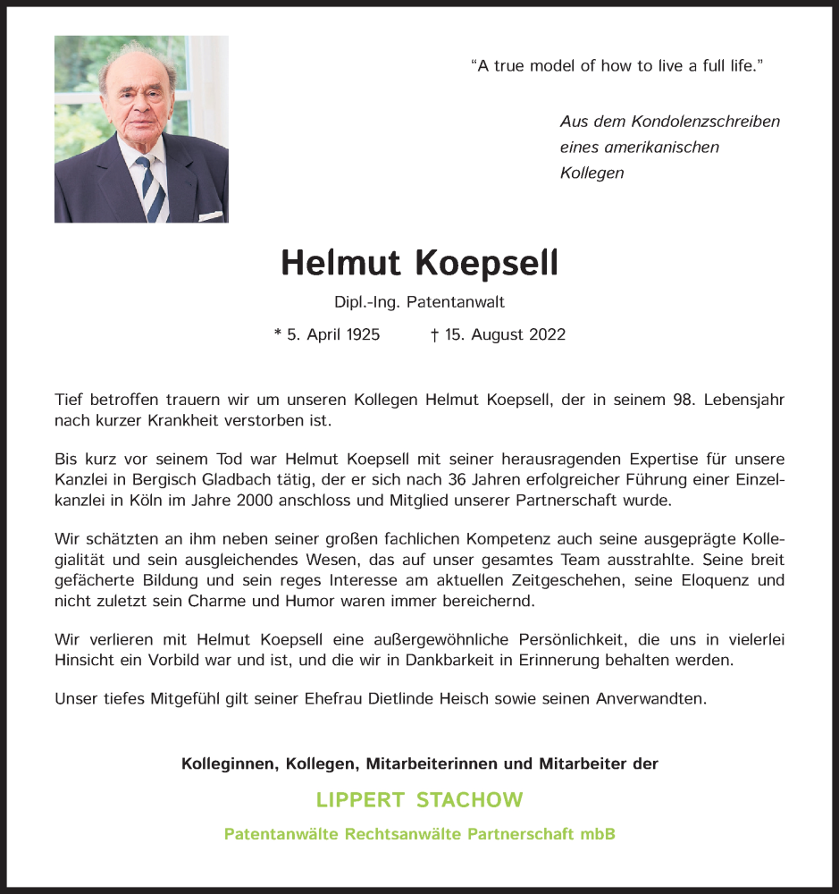  Traueranzeige für Helmut Koepsell vom 27.08.2022 aus Kölner Stadt-Anzeiger / Kölnische Rundschau / Express