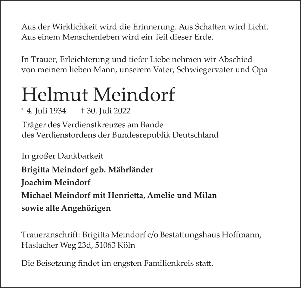  Traueranzeige für Helmut Meindorf vom 06.08.2022 aus Kölner Stadt-Anzeiger / Kölnische Rundschau / Express