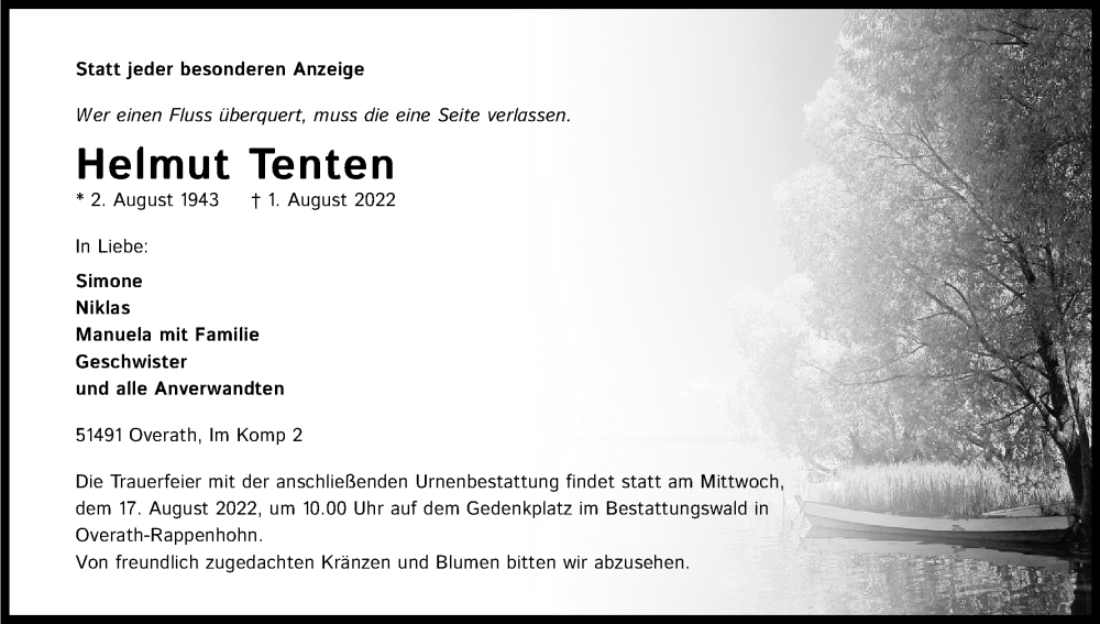  Traueranzeige für Helmut Tenten vom 13.08.2022 aus Kölner Stadt-Anzeiger / Kölnische Rundschau / Express