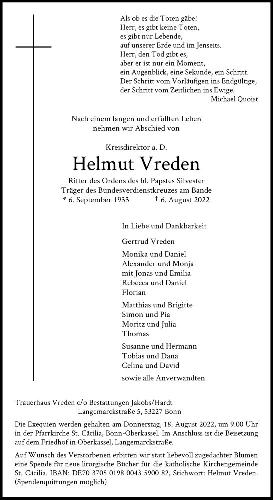  Traueranzeige für Helmut Vreden vom 13.08.2022 aus Kölner Stadt-Anzeiger / Kölnische Rundschau / Express