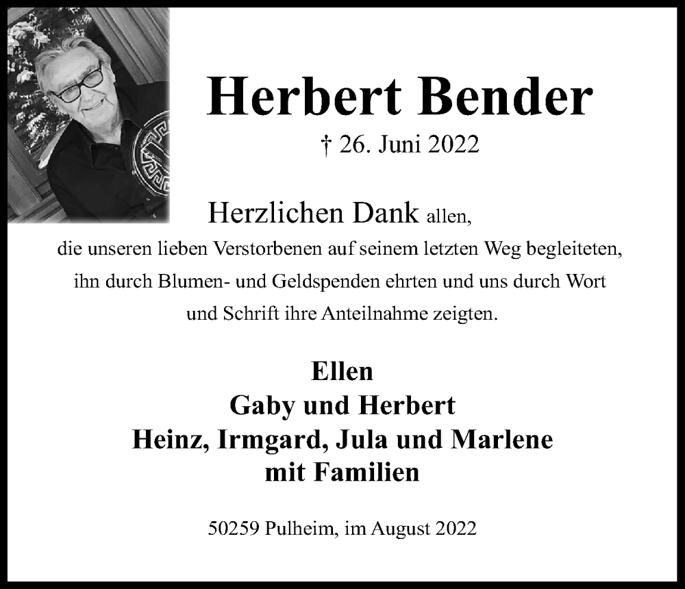  Traueranzeige für Herbert Bender vom 13.08.2022 aus Kölner Stadt-Anzeiger / Kölnische Rundschau / Express