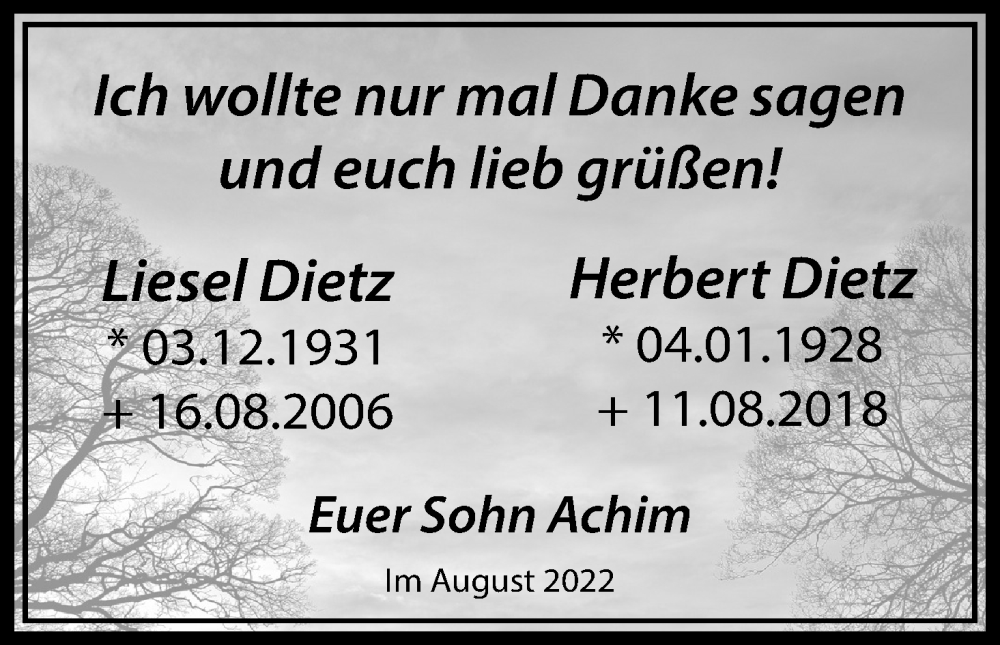  Traueranzeige für Herbert Dietz vom 13.08.2022 aus Kölner Stadt-Anzeiger / Kölnische Rundschau / Express