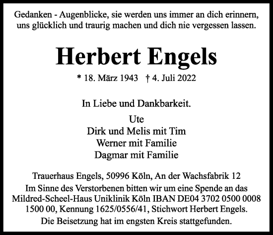 Anzeige von Herbert Engels von Kölner Stadt-Anzeiger / Kölnische Rundschau / Express