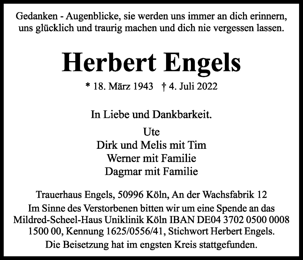  Traueranzeige für Herbert Engels vom 06.08.2022 aus Kölner Stadt-Anzeiger / Kölnische Rundschau / Express