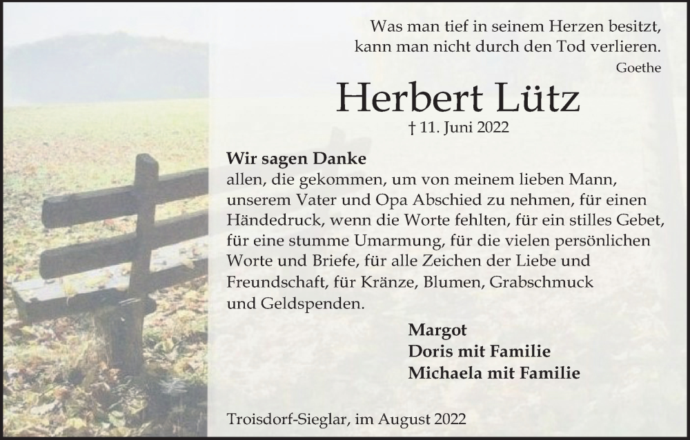  Traueranzeige für Herbert Lütz vom 06.08.2022 aus Kölner Stadt-Anzeiger / Kölnische Rundschau / Express