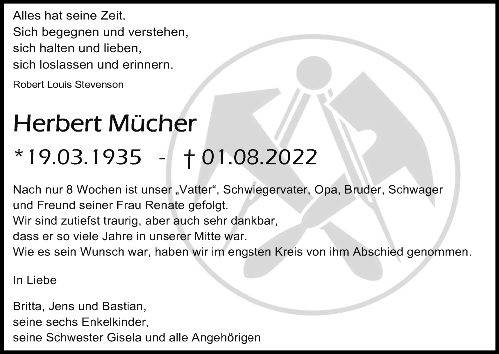  Traueranzeige für Herbert Mücher vom 13.08.2022 aus Kölner Stadt-Anzeiger / Kölnische Rundschau / Express
