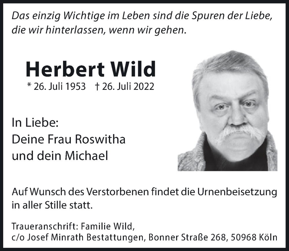  Traueranzeige für Herbert Wild vom 05.08.2022 aus  EXPRESS - Die Woche 