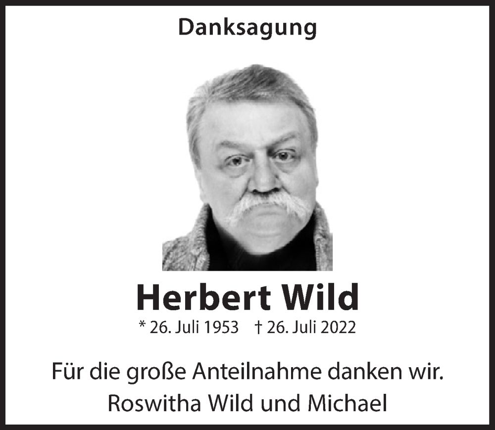  Traueranzeige für Herbert Wild vom 26.08.2022 aus  EXPRESS - Die Woche 