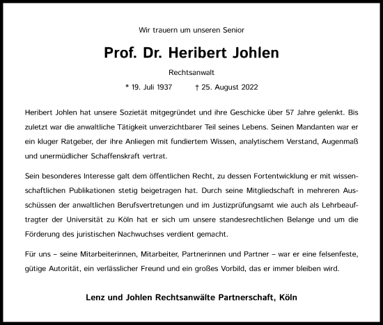 Anzeige von Heribert Johlen von Kölner Stadt-Anzeiger / Kölnische Rundschau / Express