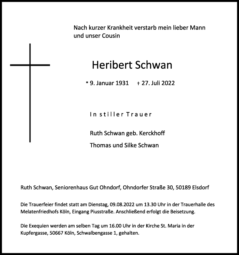  Traueranzeige für Heribert Schwan vom 06.08.2022 aus Kölner Stadt-Anzeiger / Kölnische Rundschau / Express