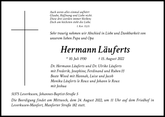 Anzeige von Hermann Läuferts von Kölner Stadt-Anzeiger / Kölnische Rundschau / Express