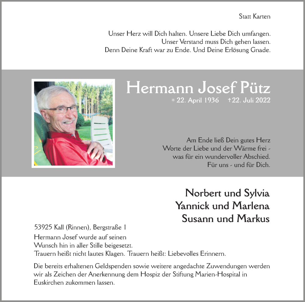  Traueranzeige für Hermann Josef Pütz vom 20.08.2022 aus Kölner Stadt-Anzeiger / Kölnische Rundschau / Express