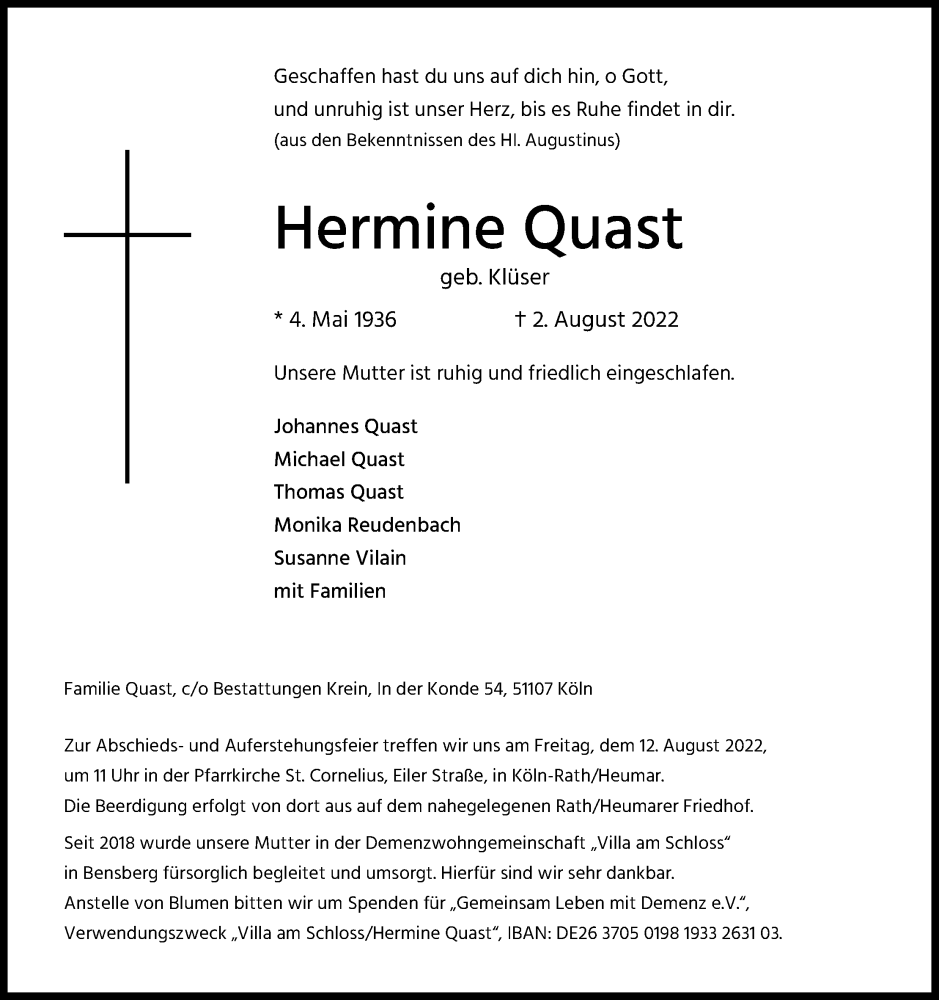  Traueranzeige für Hermine Quast vom 06.08.2022 aus Kölner Stadt-Anzeiger / Kölnische Rundschau / Express