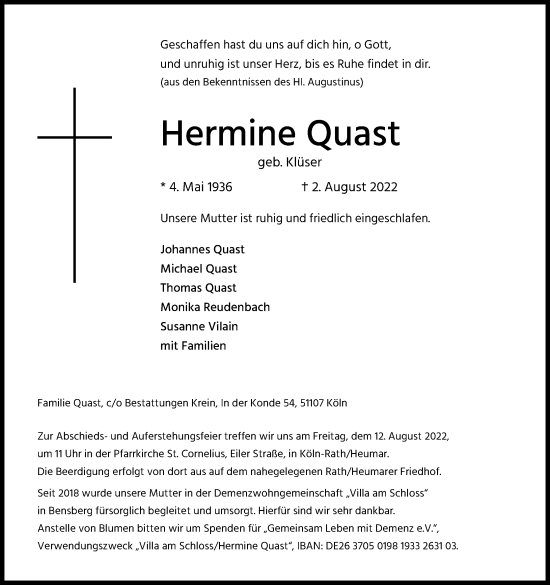 Anzeige von Hermine Quast von Kölner Stadt-Anzeiger / Kölnische Rundschau / Express