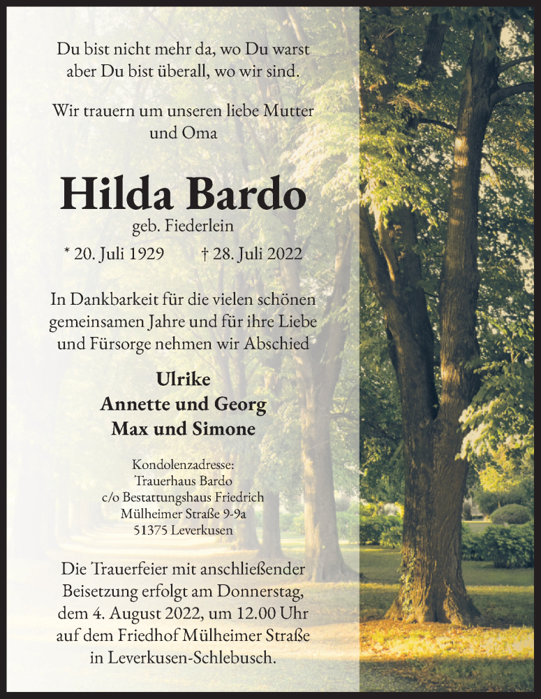  Traueranzeige für Hilda Bardo vom 02.08.2022 aus Kölner Stadt-Anzeiger / Kölnische Rundschau / Express