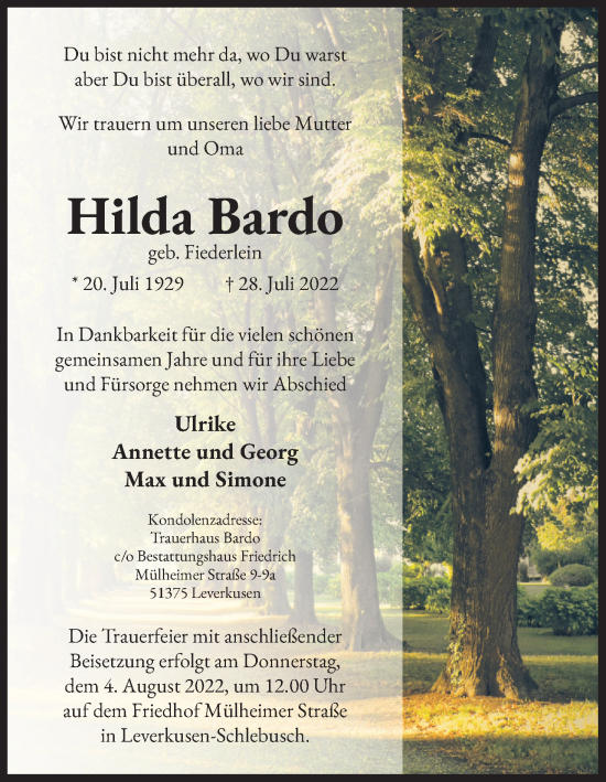 Anzeige von Hilda Bardo von Kölner Stadt-Anzeiger / Kölnische Rundschau / Express