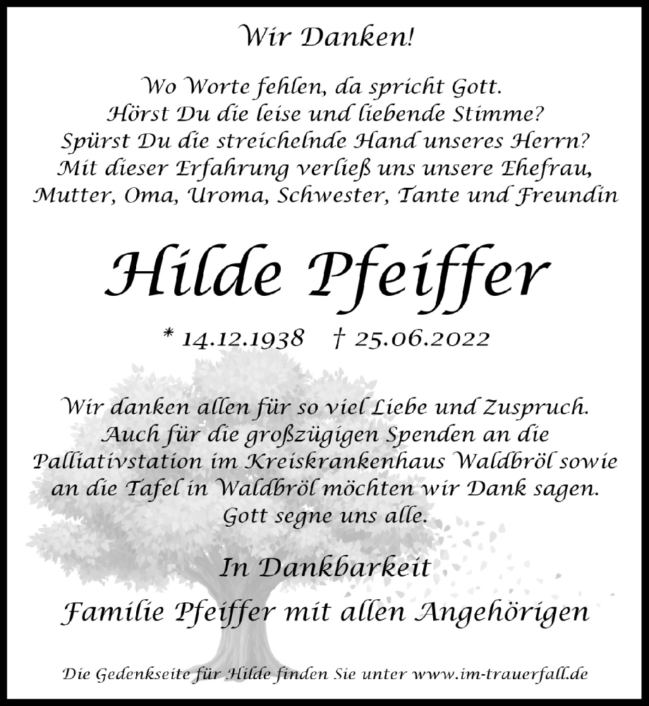  Traueranzeige für Hilde Pfeiffer vom 26.08.2022 aus  Lokalanzeiger 