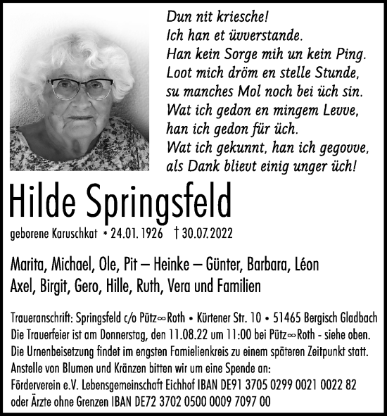 Anzeige von Hilde Springsfeld von Kölner Stadt-Anzeiger / Kölnische Rundschau / Express