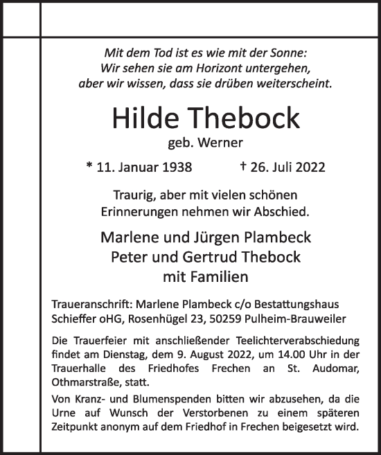 Anzeige von Hilde Thebock von  Wochenende 