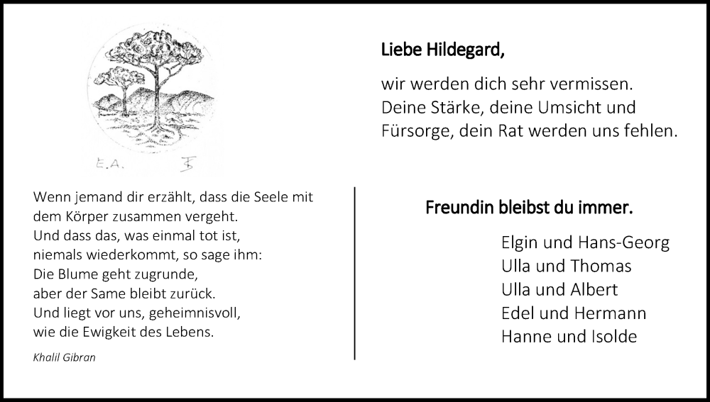  Traueranzeige für Hildegard  vom 20.08.2022 aus Kölner Stadt-Anzeiger / Kölnische Rundschau / Express