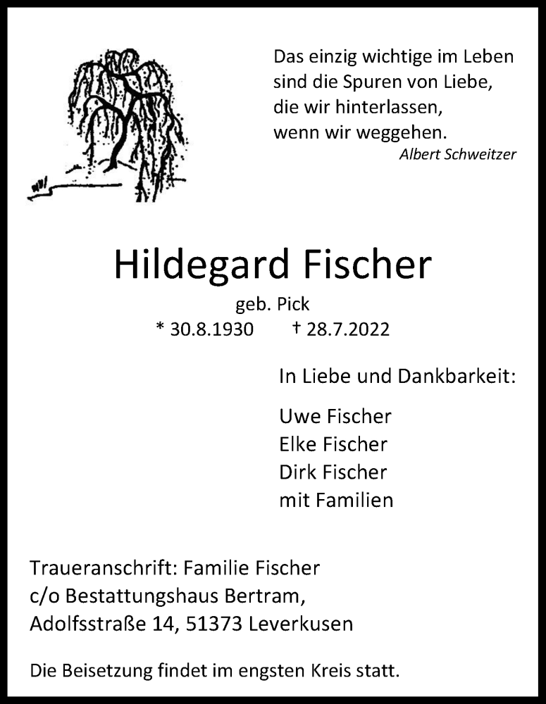  Traueranzeige für Hildegard Fischer vom 06.08.2022 aus Kölner Stadt-Anzeiger / Kölnische Rundschau / Express